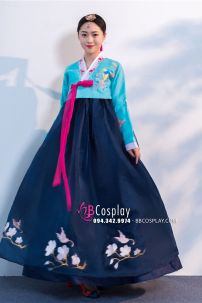 Hanbok Hàn Quốc Voan Thêu Chim Phụng Áo Xanh Váy Xanh