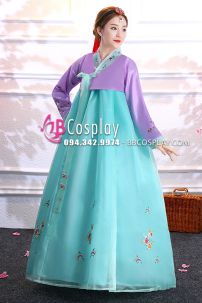 Đồ Hanbok Hàn Quốc Voan Áo Tím Váy Xanh Lục