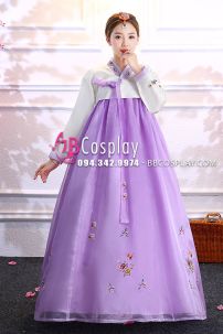 Hanbok Hàn Quốc Voan Chiết Ngực Áo Trắng Váy Tím