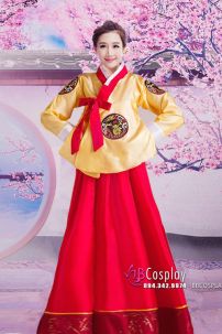 Hanbok Hàn Quốc Cổ Trang Áo Vàng Dài Váy Đỏ