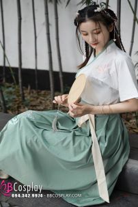 Hán Phục Cách Tân Áo Trắng Viền Xanh Váy Xanh