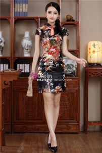 Sườn Xám Phi Đen Ngắn Có Tay Thời Thượng Cổ Khoét Size M