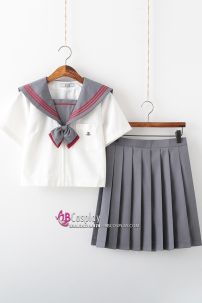 Seifuku Nữ Sinh Nhật Áo Trắng Cổ Viền Đỏ Có Túi Váy Xám