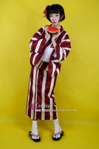 Yukata Fuji Shiro Đỏ Đô Phối Sọc Trắng