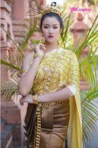 Trang Phục Thái Lan Áo Vàng Kim Sa- Váy Nâu