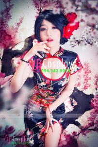 Sườn Xám Đen Dài Phi Cổ Khoét Có Tay