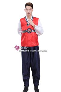 Áo Hanbok Cho Nam Gấm Đỏ Quần Xanh