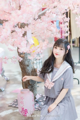 Đồng Phục Nữ Học Sinh Nhật Xám Nơ Hồng