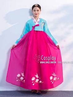 Hanbok Hàn Quốc Voan Thêu Chim Phụng Áo Xanh Váy Hồng Đậm