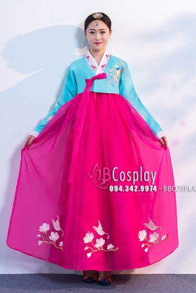 Hanbok Hàn Quốc Voan Thêu Chim Phụng Áo Xanh Váy Hồng Đậm