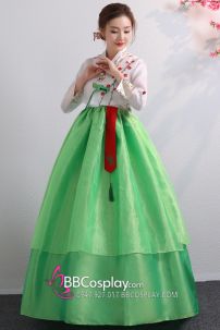 Hanbok Hàn Voan Thêu Áo Trắng Váy Hai Tầng Xanh Lá