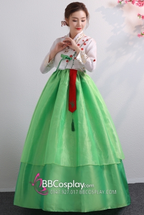 Hanbok Hàn Voan Thêu Áo Trắng Váy Hai Tầng Xanh Lá