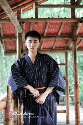 Yukata Nhật Xanh Đen Obi Đỏ Đô Viền Vàng - Yukata Minh Dạ