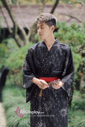 Yukata Nam Đen Obi Đen Đỏ 2023