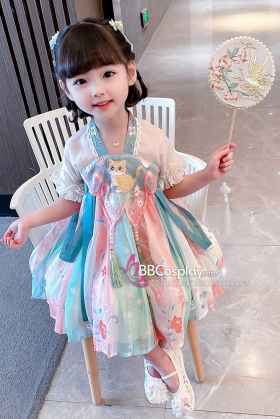 Hán Phục Thêu Mèo Đồ Cho Bé - Màu Xanh