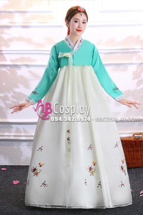 Hanbok Hàn Quốc Vải Voan Áo Xanh Lục Váy Trắng