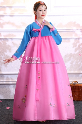 Hanbok Hàn Quốc Voan Nơ Hồng Áo Xanh Váy Hồng