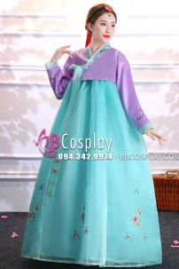 Đồ Hanbok Hàn Quốc Voan Áo Tím Váy Xanh Lục