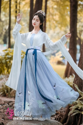 Hán Phục Bạch Hạc Du Tiên Chiết Eo Váy 6M Thêu