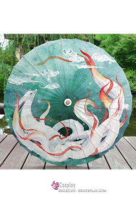 Dù Vải Cổ Trang Hồ Ly Nền Xanh Lá