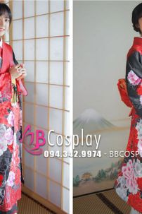 Trang Phục Kimono Chuẩn Nhật Hoa Đào Đỏ Phối Đen