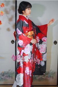 Trang Phục Kimono Chuẩn Nhật Hoa Đào Đỏ Phối Đen