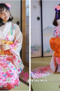 Kimono Bách Hoa Nền Kem Hồng