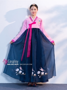Hanbok Hàn Quốc Áo Hồng Váy Xanh Đậm