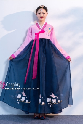 Hanbok Hàn Quốc Áo Hồng Váy Xanh Đậm