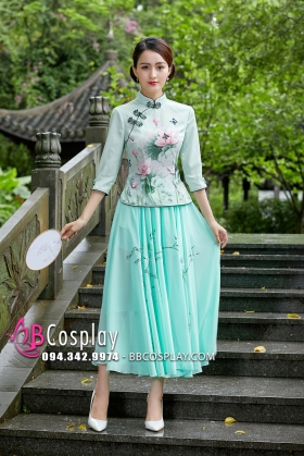 Váy Sườn Xám Cách Tân Hoa Sen - Xanh Mint