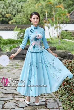 Váy Sườn Xám Cách Tân Hoa Sen - Xanh Ngọc