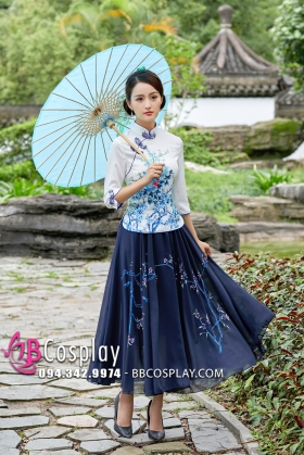 Váy Sườn Xám Cách Tân Hoa Sen- Xanh Đậm