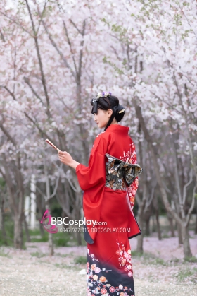 Yukata Mùa Hè Rực Rỡ Đỏ Phối Đen