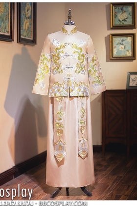 Bộ Sườn Xám Nam Thêu Rồng Màu Kem