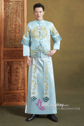 Hỉ Phục Tân Lang Tone Xanh Dương Cặp Long Phục Mới 2024