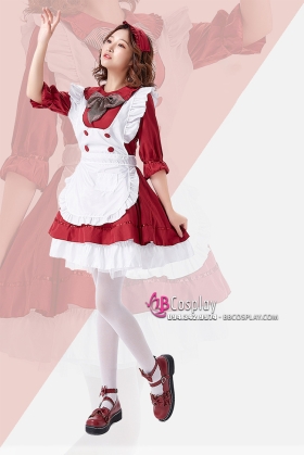 Trang Phục Maid Đỏ Đô Nơ Sọc Tay Lở