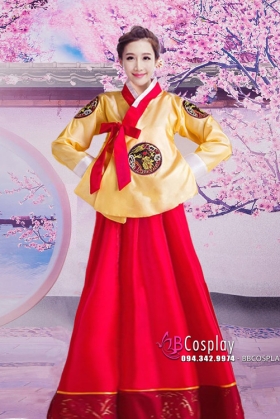 Hanbok Hàn Quốc Cổ Trang Áo Vàng Dài Váy Đỏ