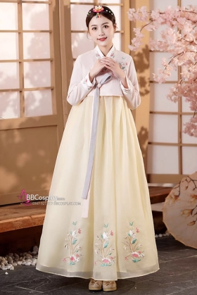 Hanbok Áo Hồng Cổ Thêu Váy Voan Vàng Thêu Hoa Mẫu Mới