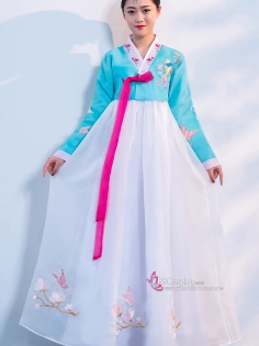 Hanbok Hàn Quốc Voan Thêu Áo Xanh Váy Trắng