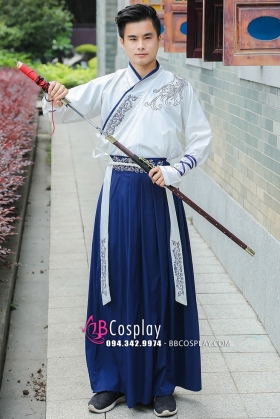 Hán Phục Hiện Đại Cho Nam Áo Trắng Váy Xanh