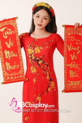 Áo Dài Đỏ Hoa Mai Cổ Tròn