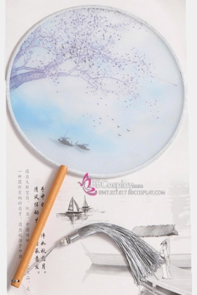 Quạt Tròn Cổ Trang Quạt Mỹ Nhân Hoa Tím Và Con Đò