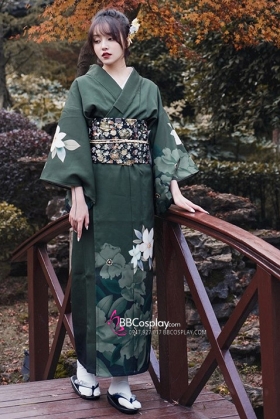 Yukata Truyền Thống Hoa Mộc Lan Nền Xanh Rêu