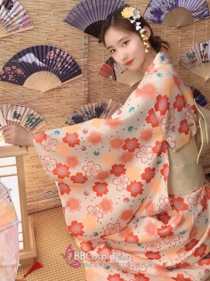 Áo Yukata Hoa Đào Cam Tặng Kèm Thắt Lưng
