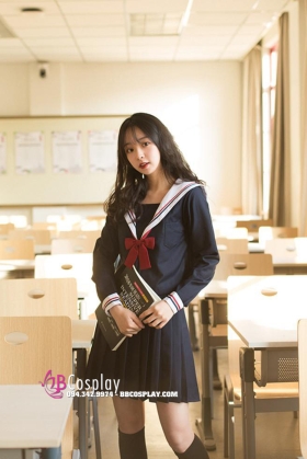 Đồ Nữ Sinh Xanh Đậm 2 Sọc Đỏ Tay Dài