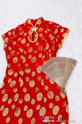 Sườn Xám Đỏ Đồng Tiền Vàng Size L