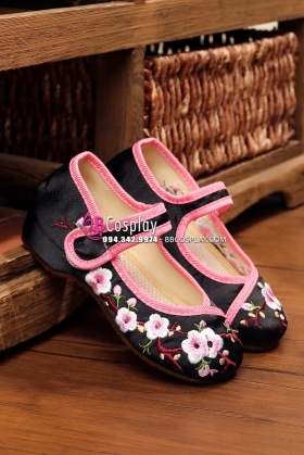 Hài Vải Trẻ Em Đen Viền Hồng Thêu Hoa Size 33