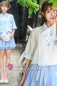 Hán Phục Cách Tân Tiểu Ái Áo Trắng Váy Xanh