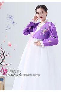 Hanbok Hàn Quốc Áo Tím Váy Trắng