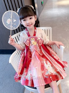 Đồ Công Chúa Cho Bé Hán Phục Thêu Mèo Con - Màu Đỏ